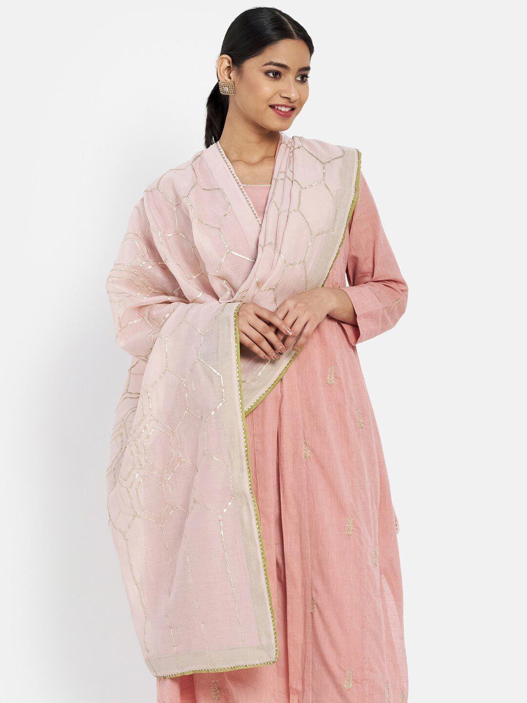 fabindia pink & gold-toned embroidered cotton silk dupatta