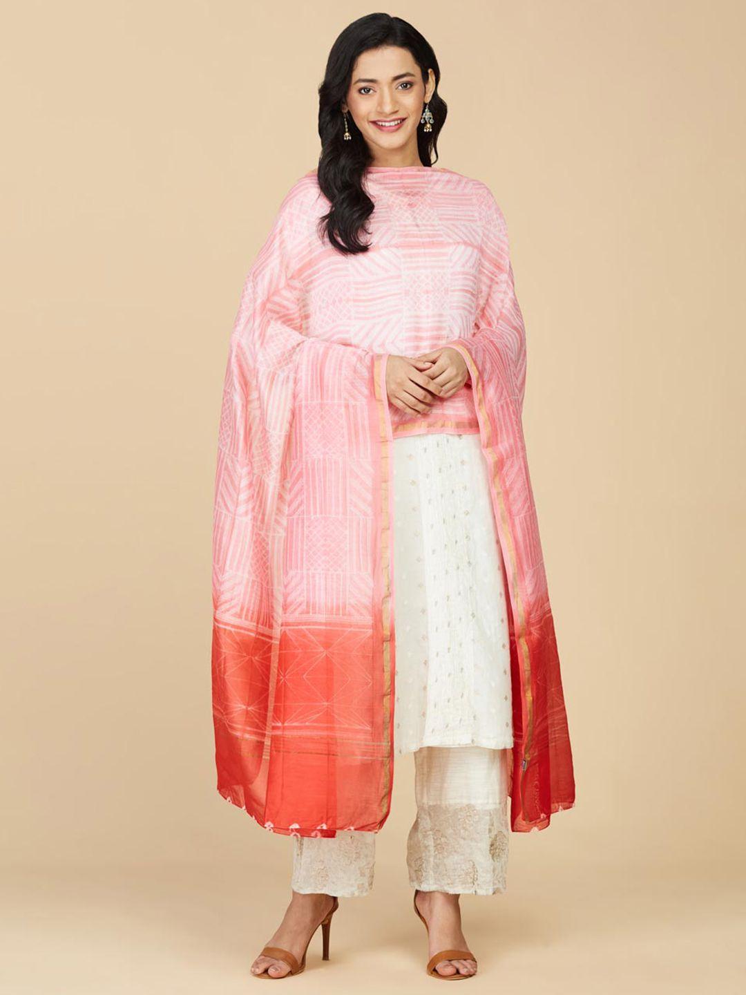 fabindia pink & gold-toned printed cotton silk dupatta with zari