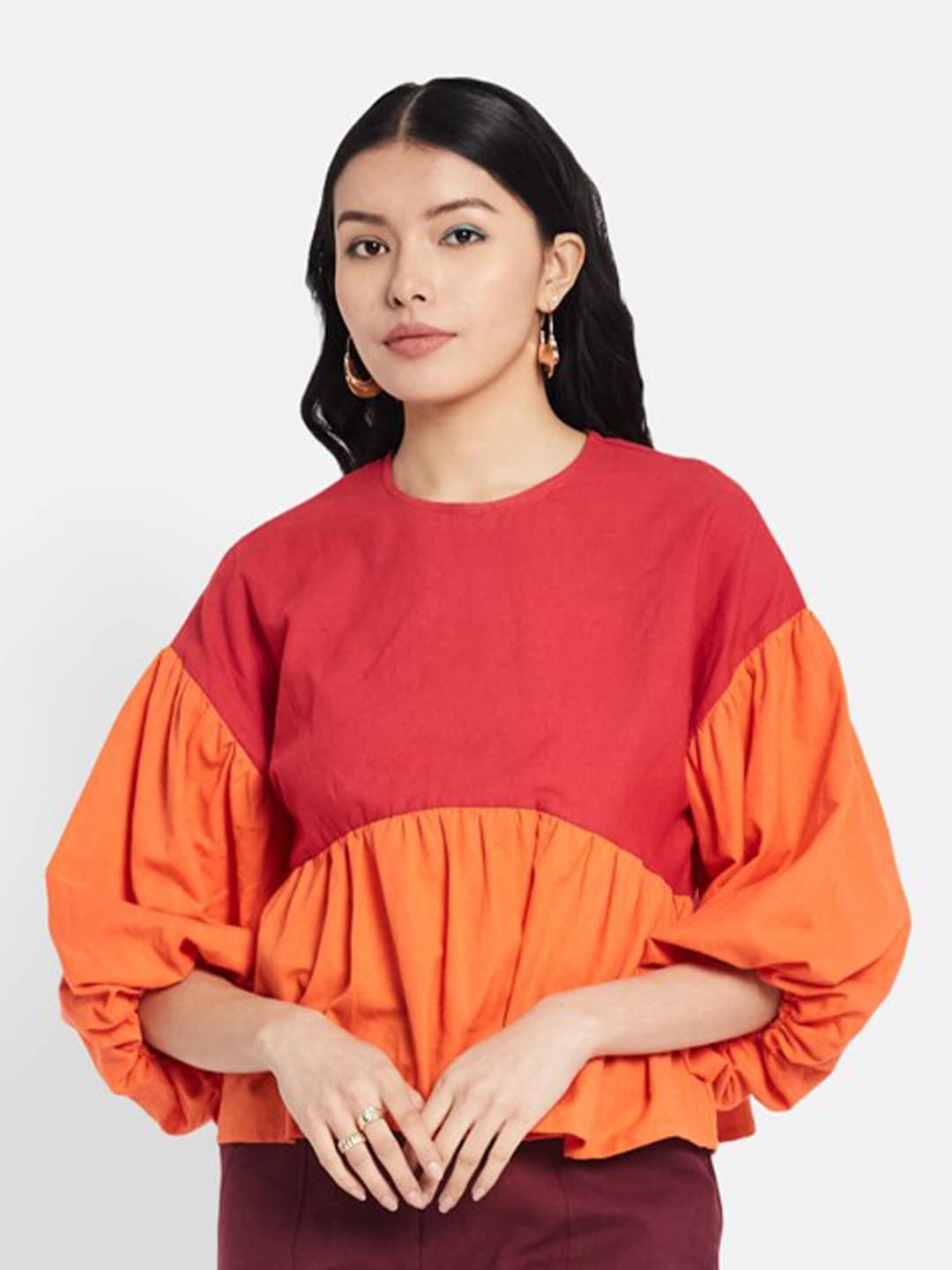fabindia pink & orange colourblocked cotton linen top