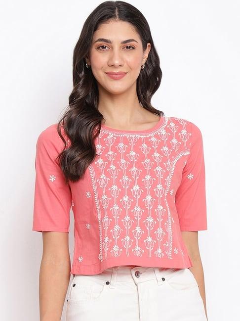 fabindia pink cotton embroidered top