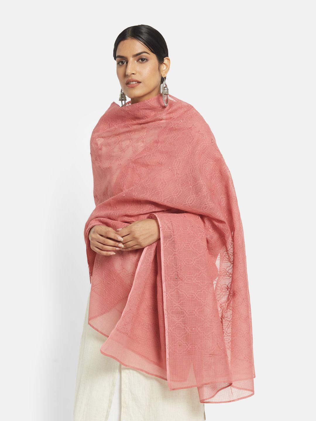 fabindia pink embroidered cotton silk dupatta