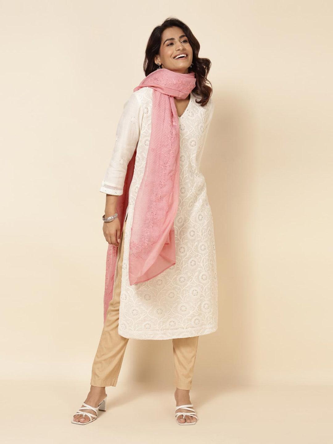 fabindia pink ethnic motifs embroidered cotton silk dupatta with chikankari
