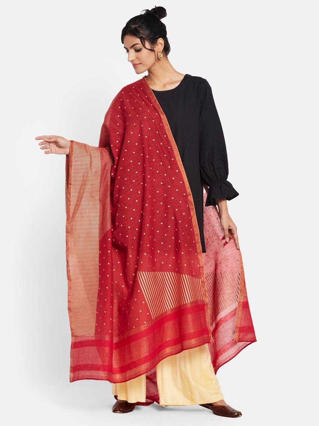 fabindia red & gold-toned printed cotton silk dupatta with zari