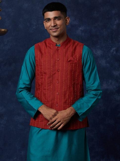fabindia red comfort fit embroidered nehru jacket
