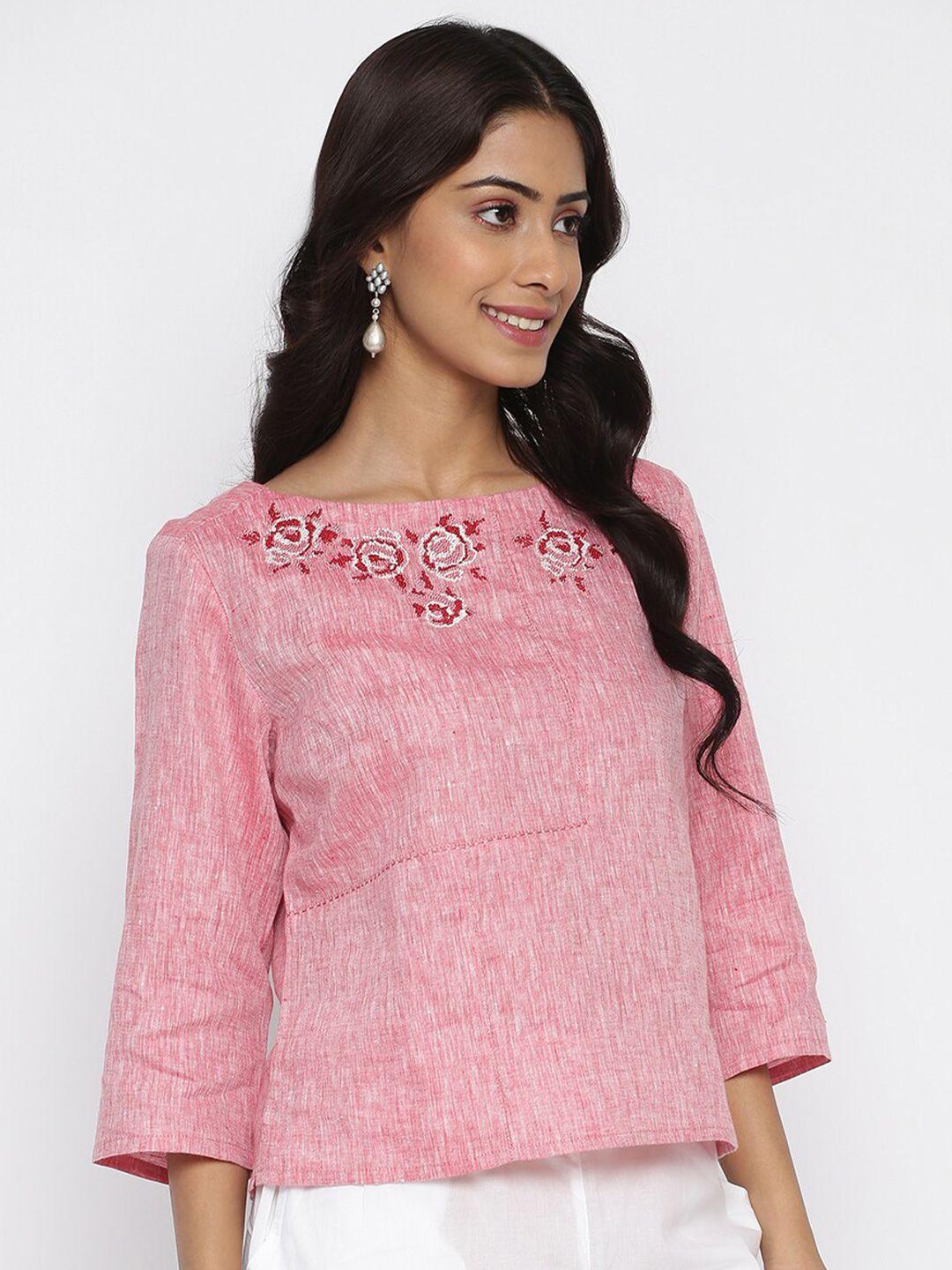 fabindia red floral embroidered linen regular top