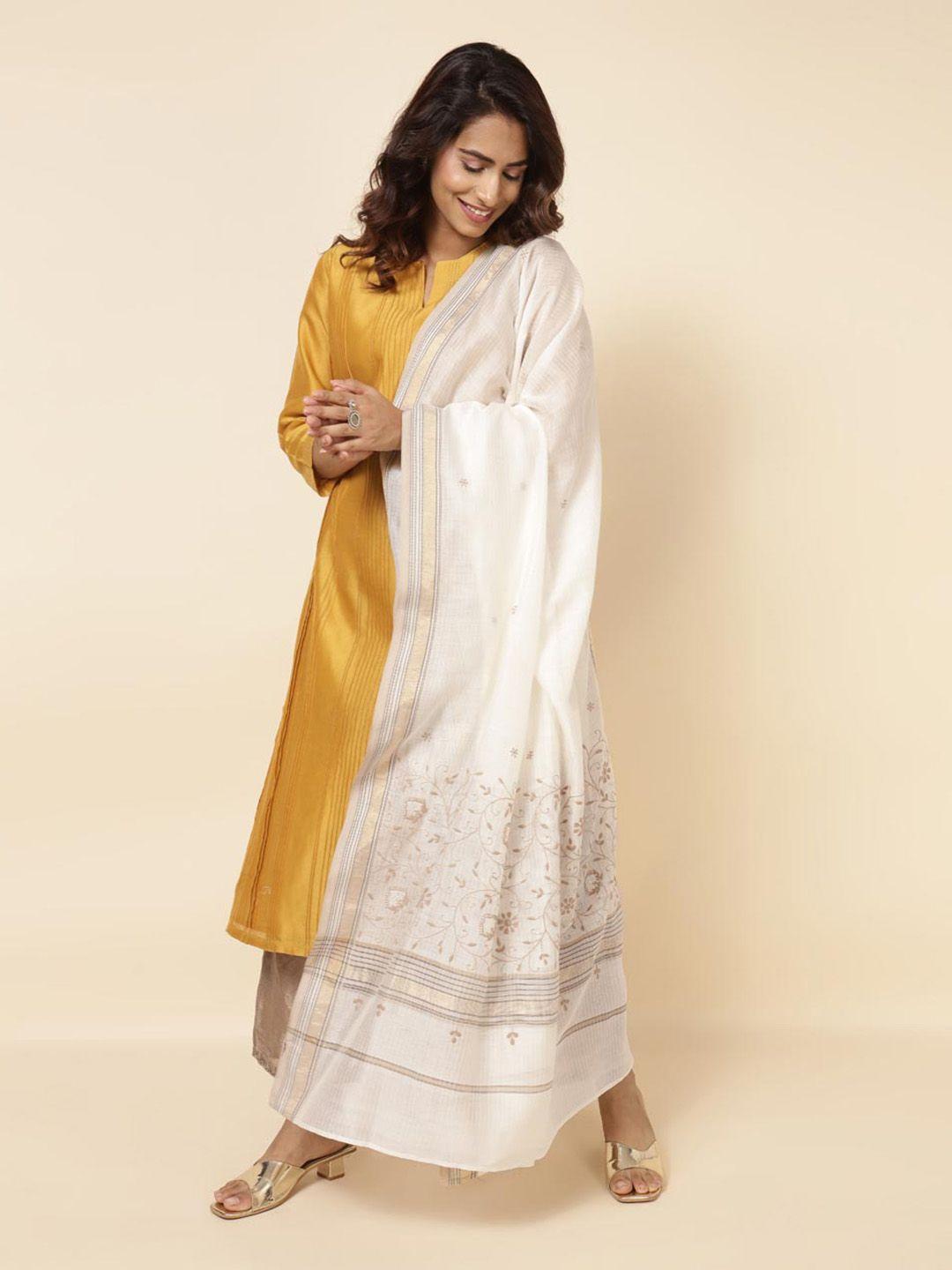 fabindia white & gold-toned embroidered cotton silk dupatta with zari