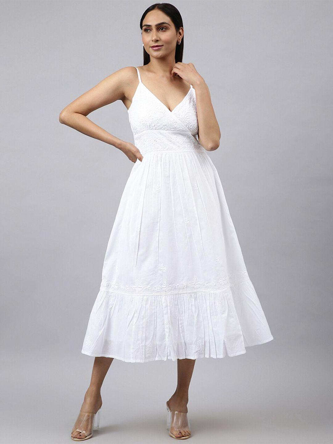 fabindia white cotton embroidered midi dress