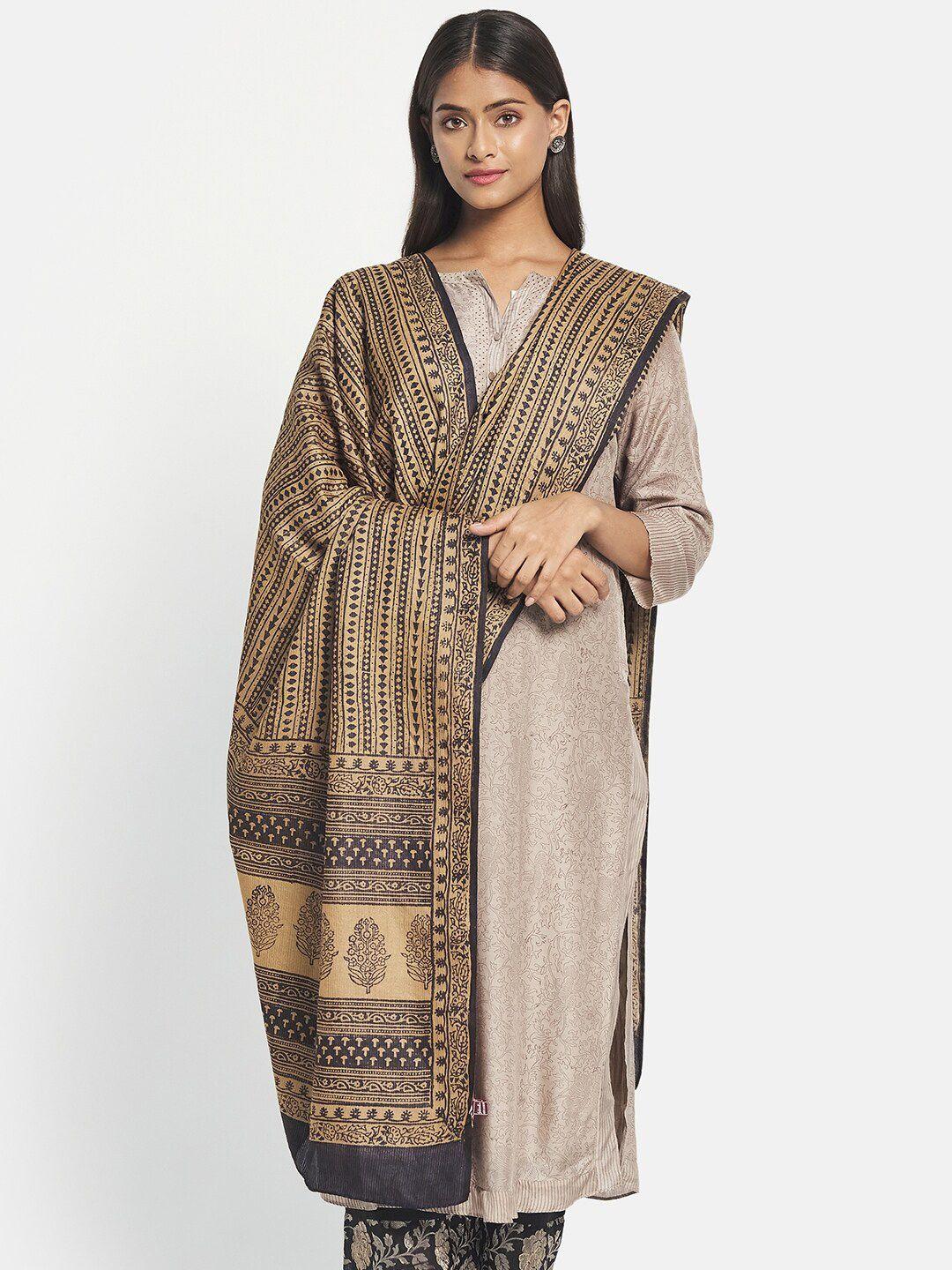 fabindia women beige & black ethnic motifs printed silk blend dupatta