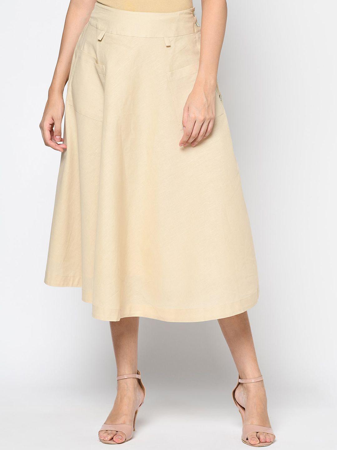 fabindia women beige solid a-line midi skirt