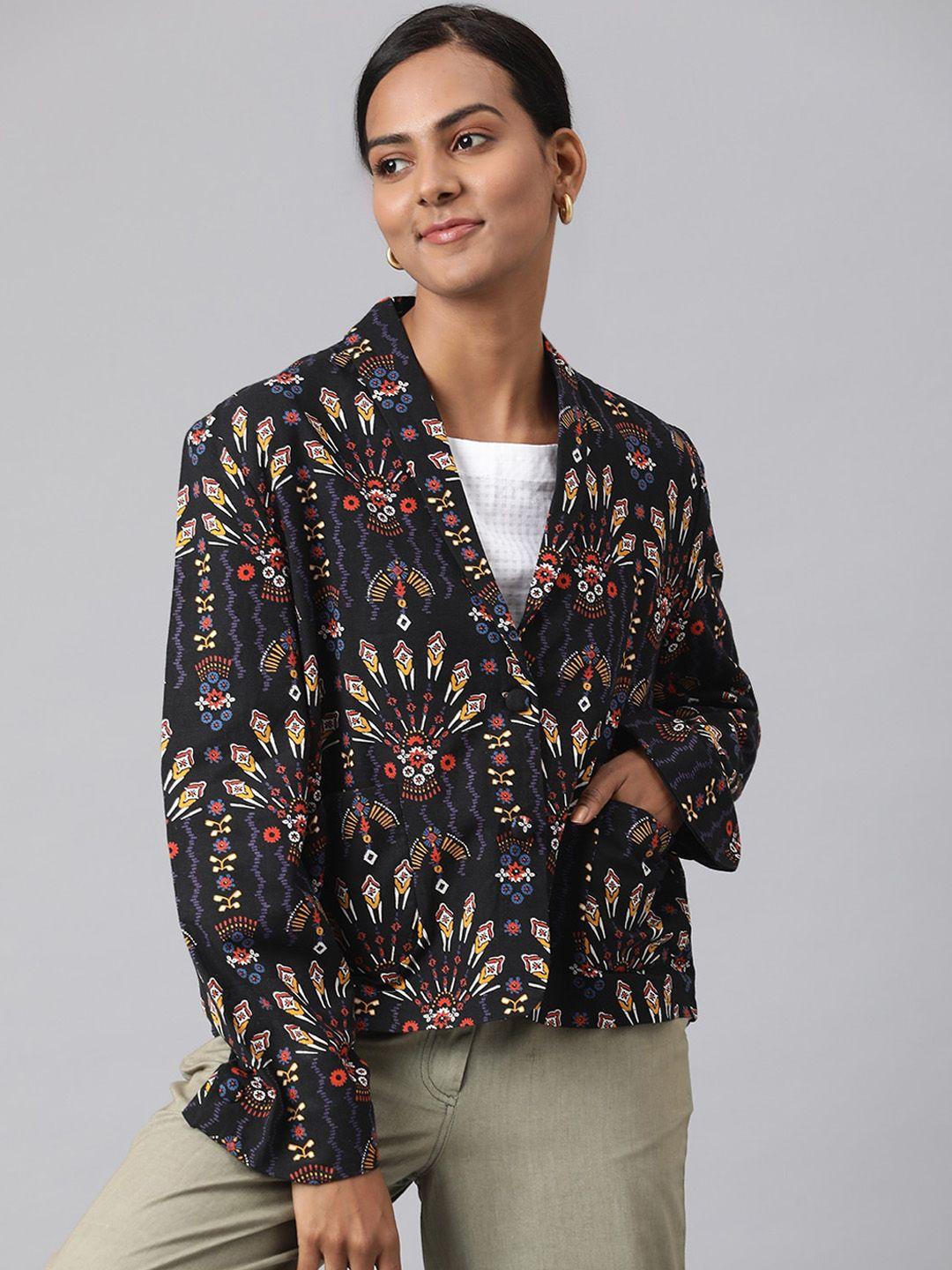 fabindia women black & brown printed tailored jacket