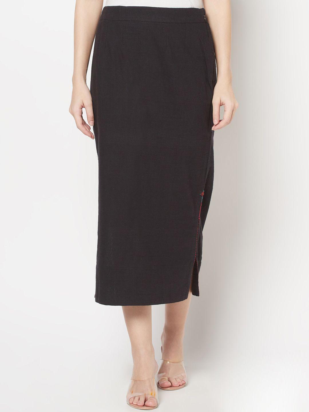 fabindia women black solid pure cotton pencil midi-length skirt