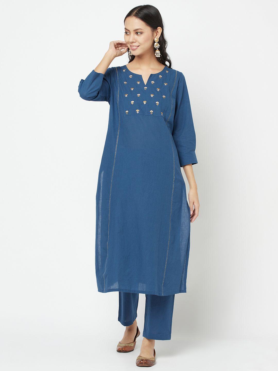 fabindia women blue & golden cotton yoke design kurta with trousers
