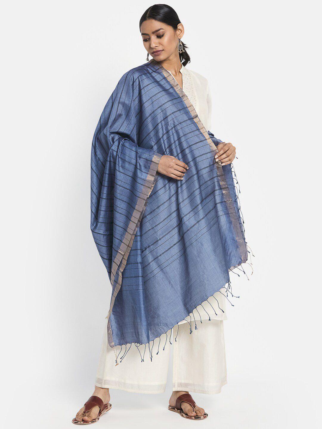 fabindia women blue & grey striped pure silk dupatta