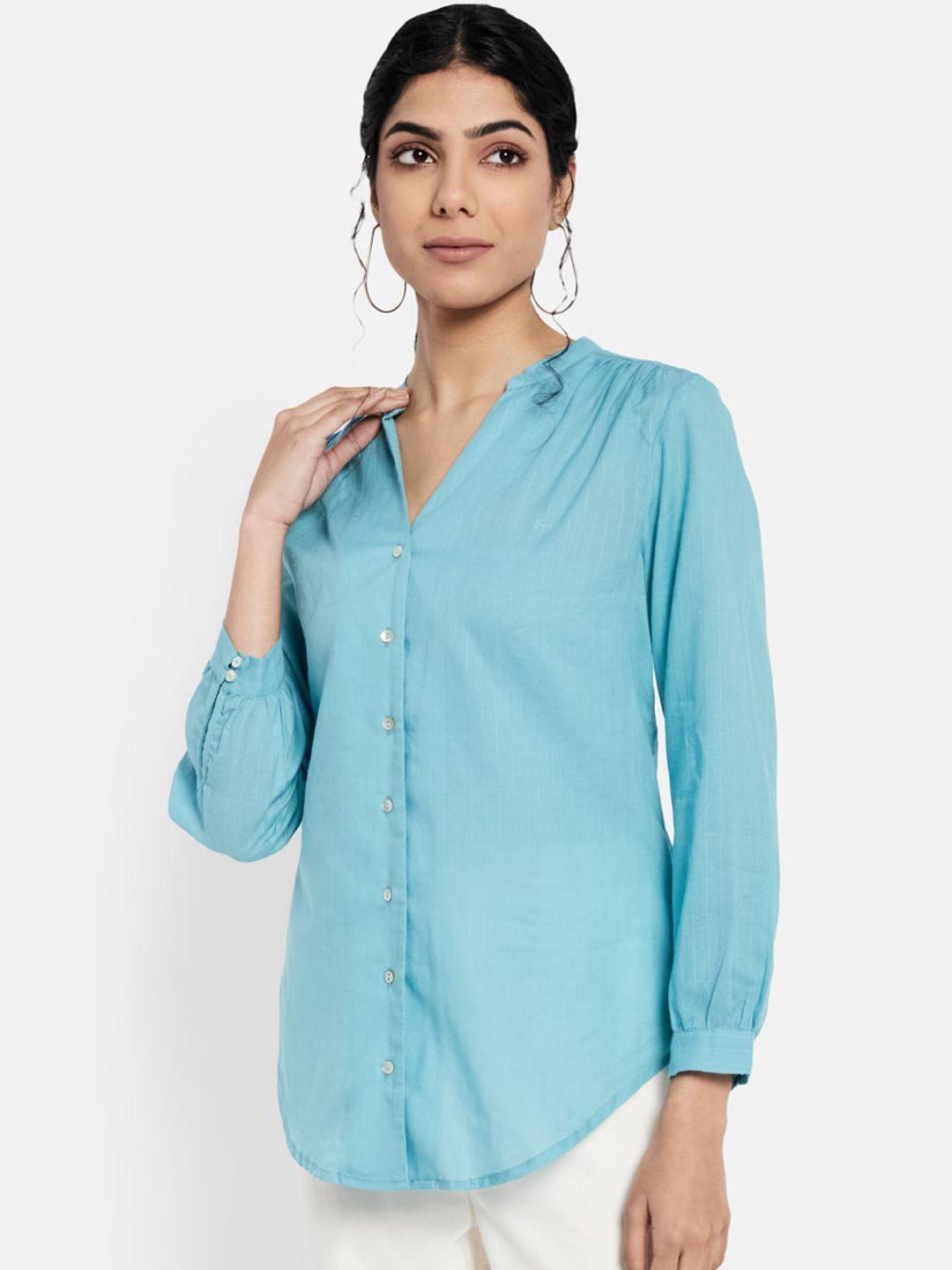 fabindia women blue cotton slub casual shirt