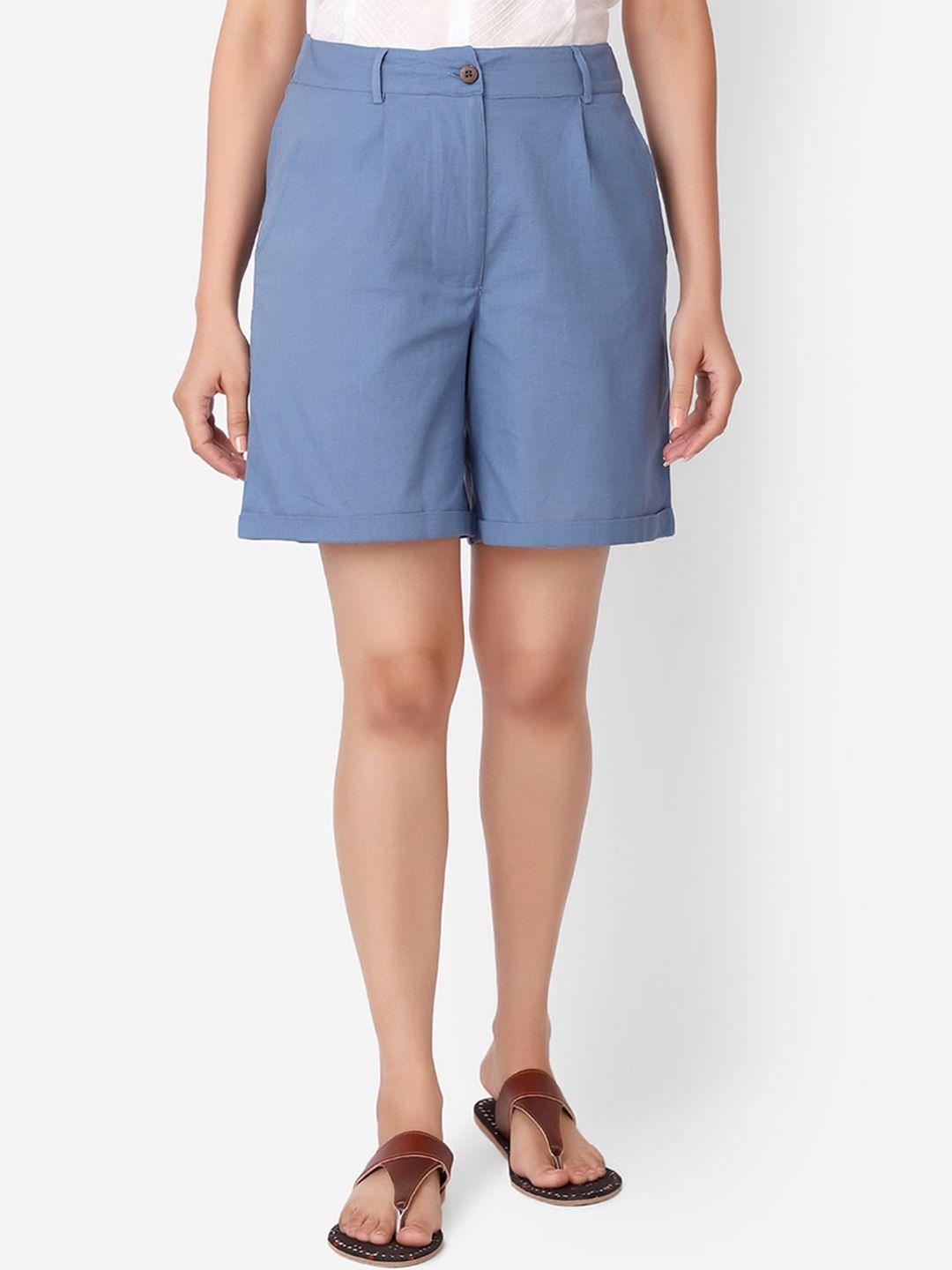 fabindia women blue linen regular shorts