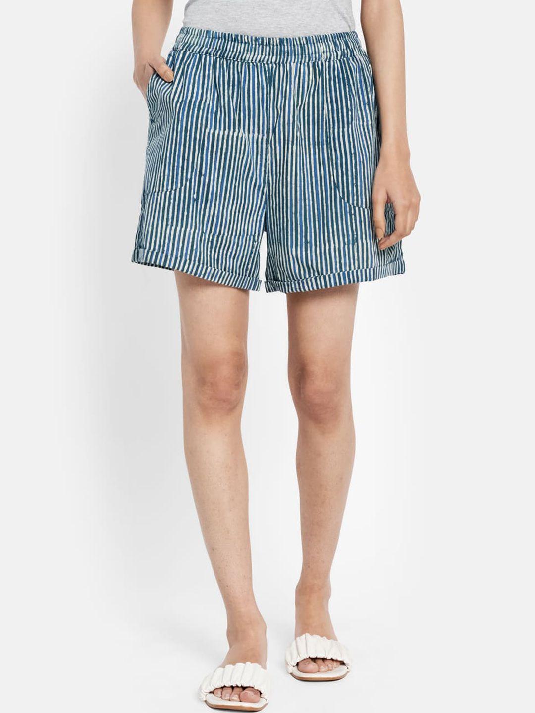fabindia women blue striped cotton shorts
