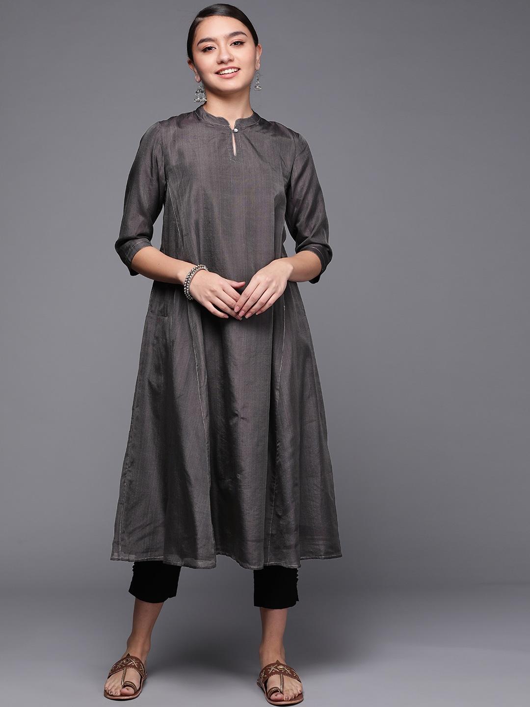 fabindia women charcoal grey cotton silk solid kurta