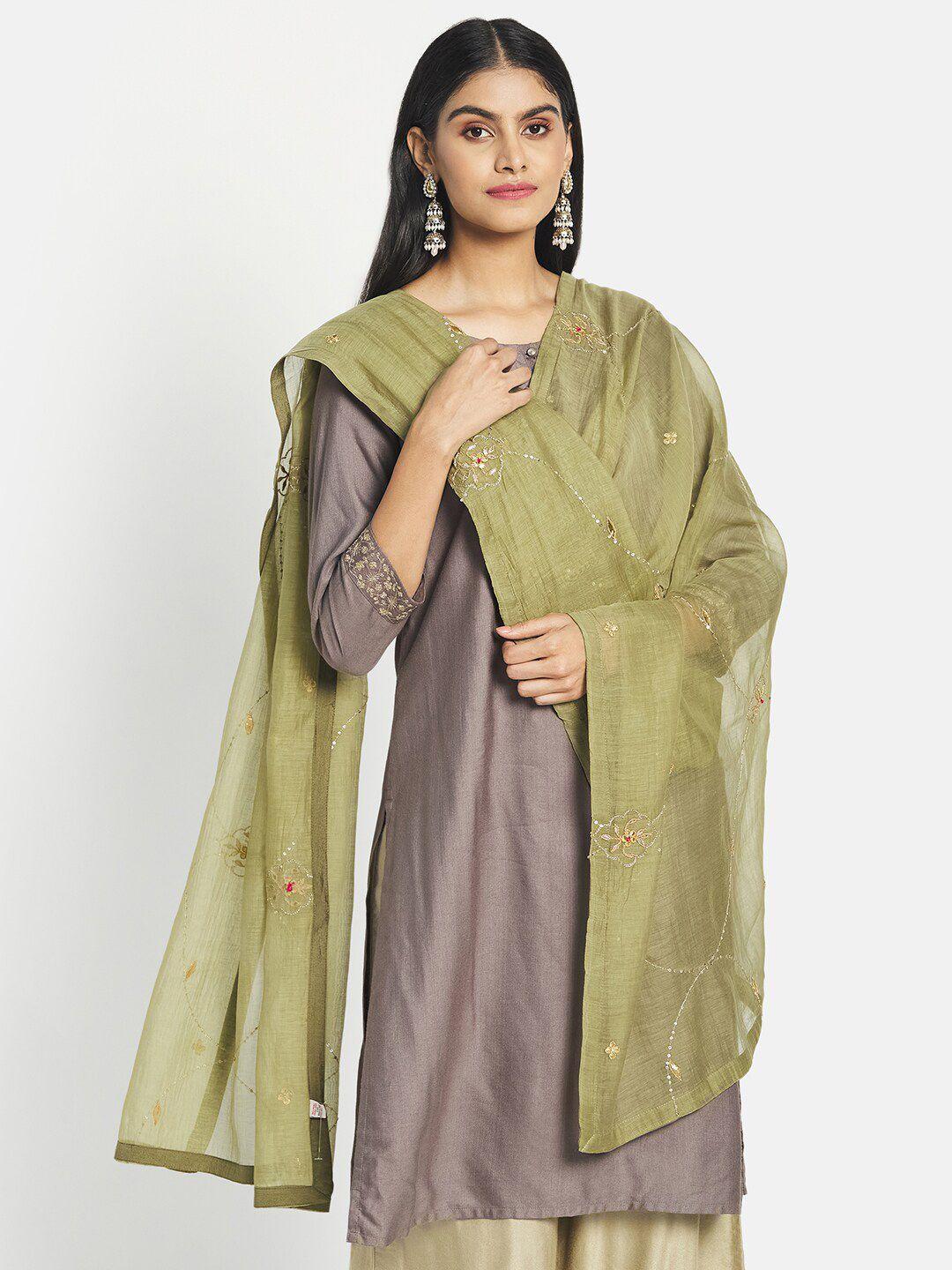 fabindia women green & gold embroidered cotton silk dupatta