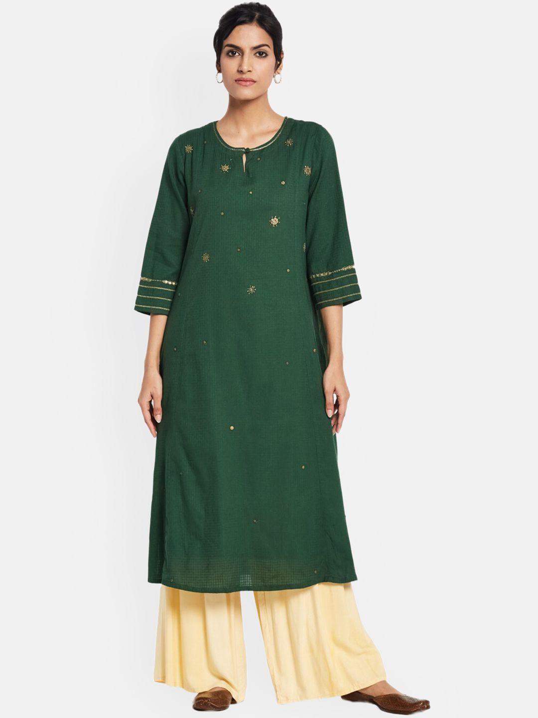 fabindia women green embellished keyhole neck kurta with slip