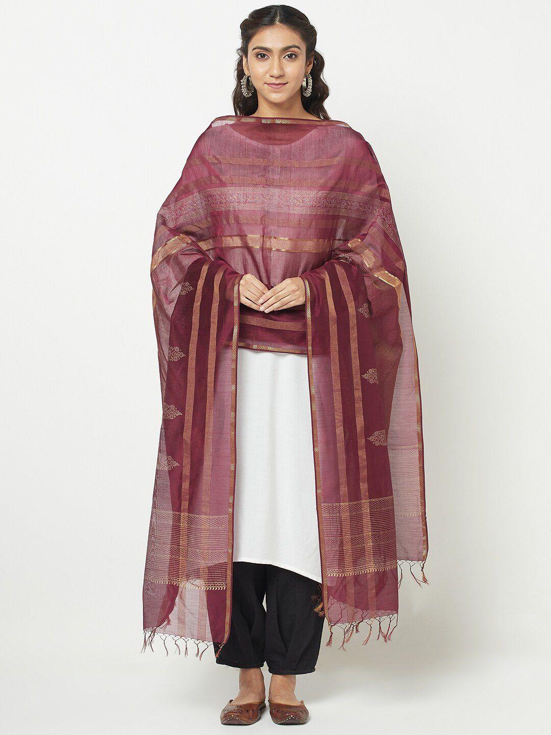 fabindia women maroon & gold-toned striped cotton silk dupatta