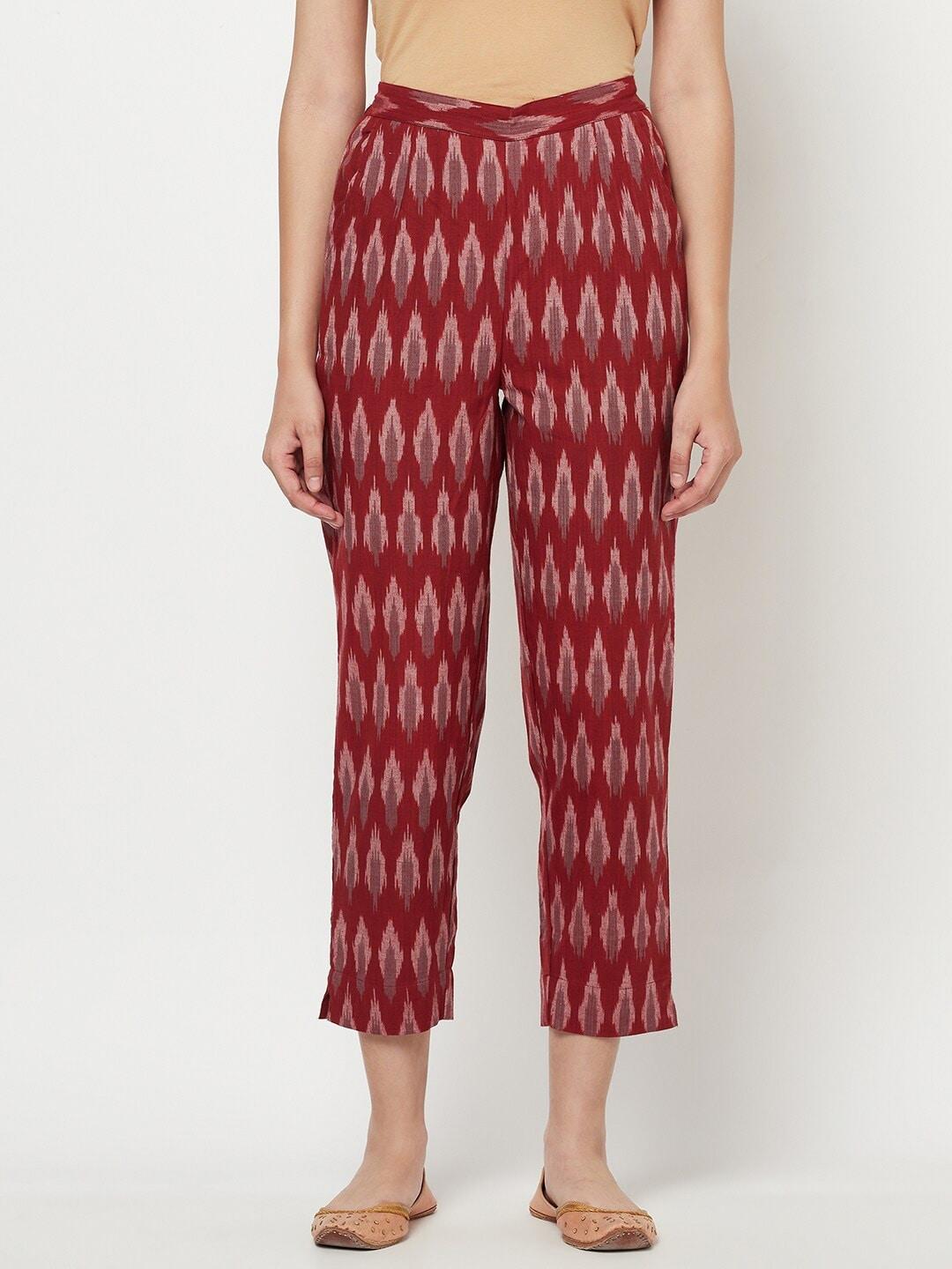fabindia women maroon ikat printed tapered fit cotton cigerette trousers