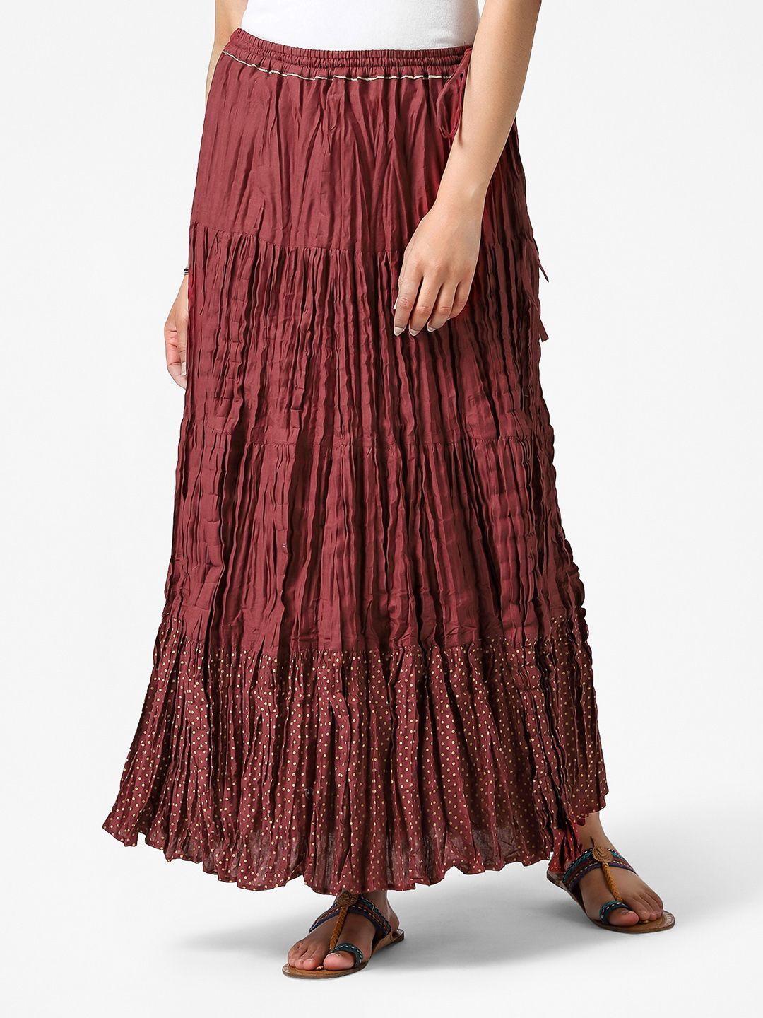 fabindia women maroon khari print tiered pure cotton crinkled a-line skirt