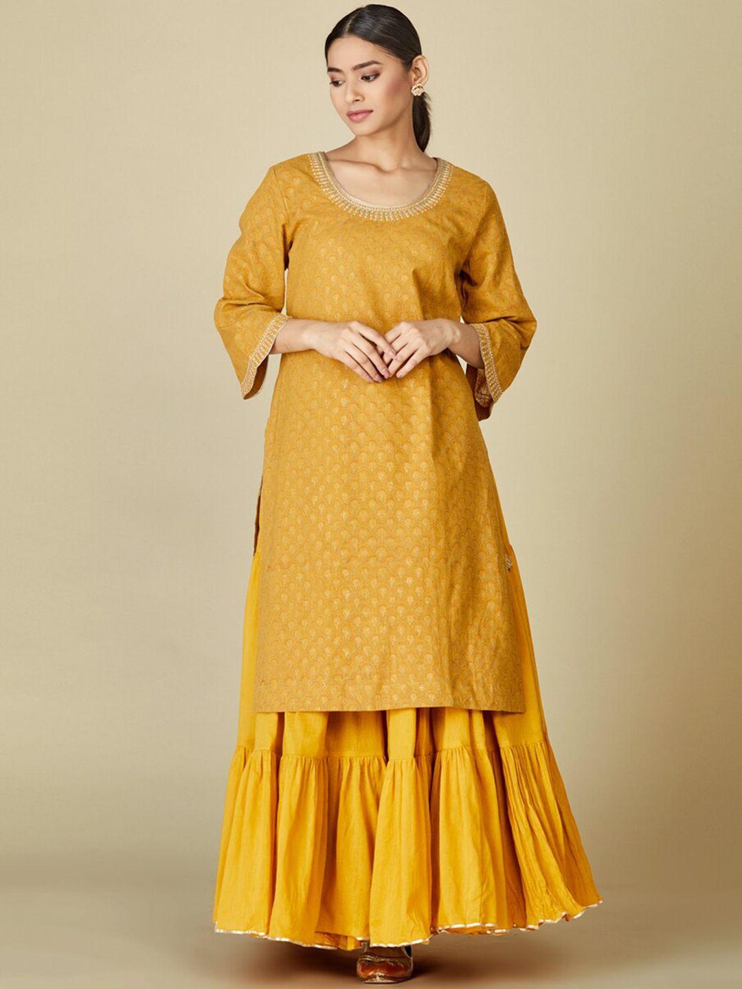 fabindia women mustard yellow floral printed thread work  pure cotton kurta with sharara