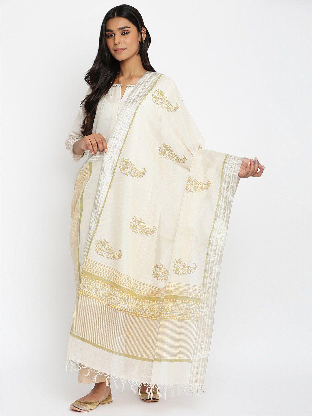 fabindia women off white & beige ethnic motifs printed cotton silk dupatta