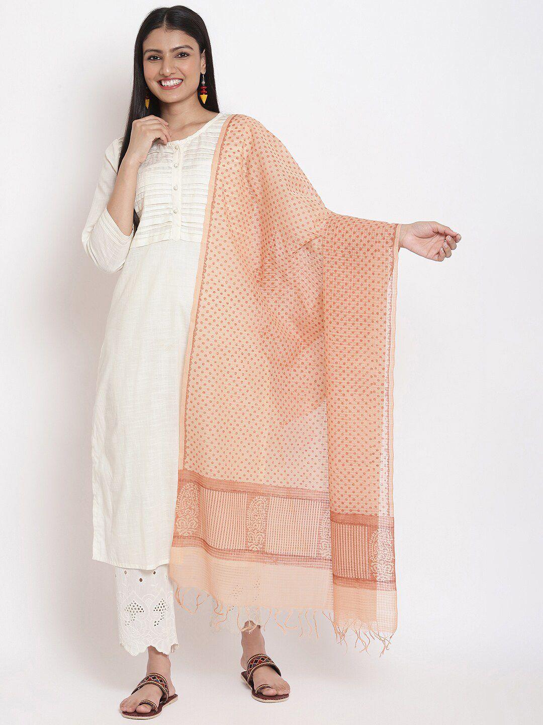 fabindia women peach-coloured & off white ethnic motifs printed pure cotton dupatta