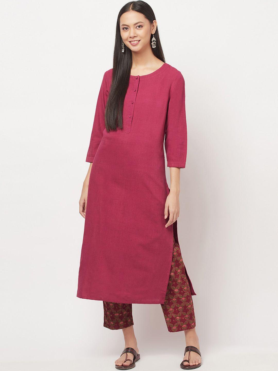 fabindia women pink & brown regular pure cotton kurta with trousers