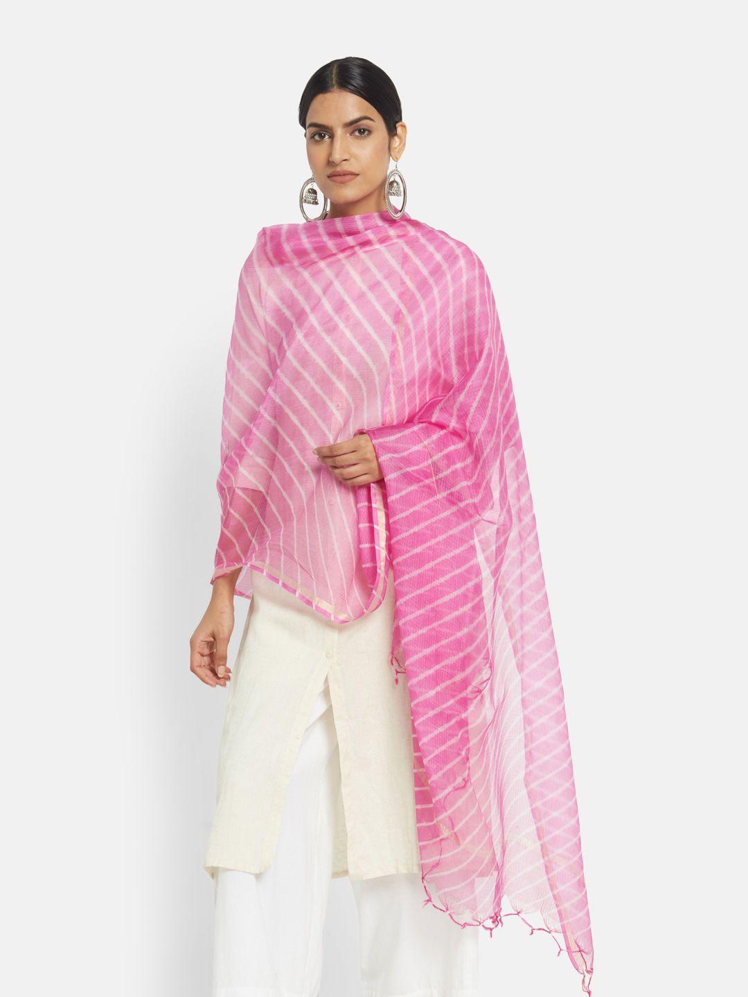 fabindia women pink & white striped pure silk dupatta