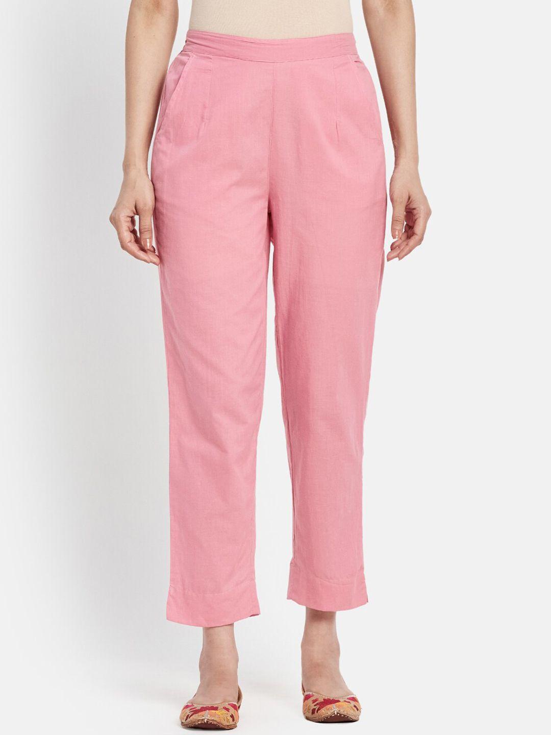 fabindia women pink tapered fit cambric cotton trousers