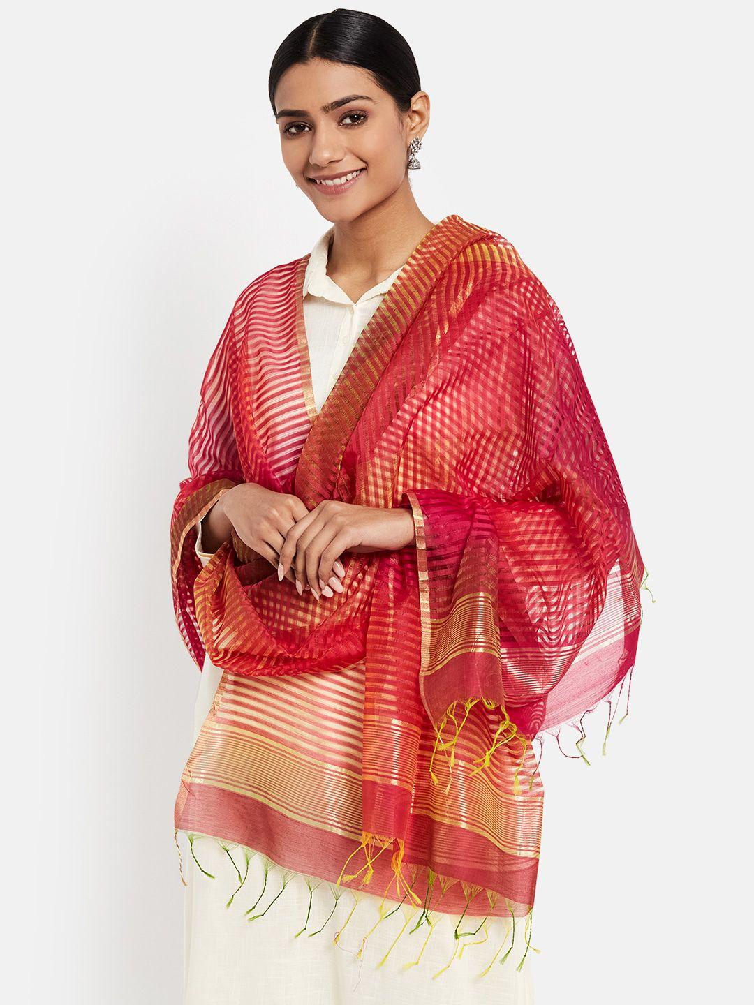 fabindia women red & gold-toned woven design cotton silk dupatta with zari