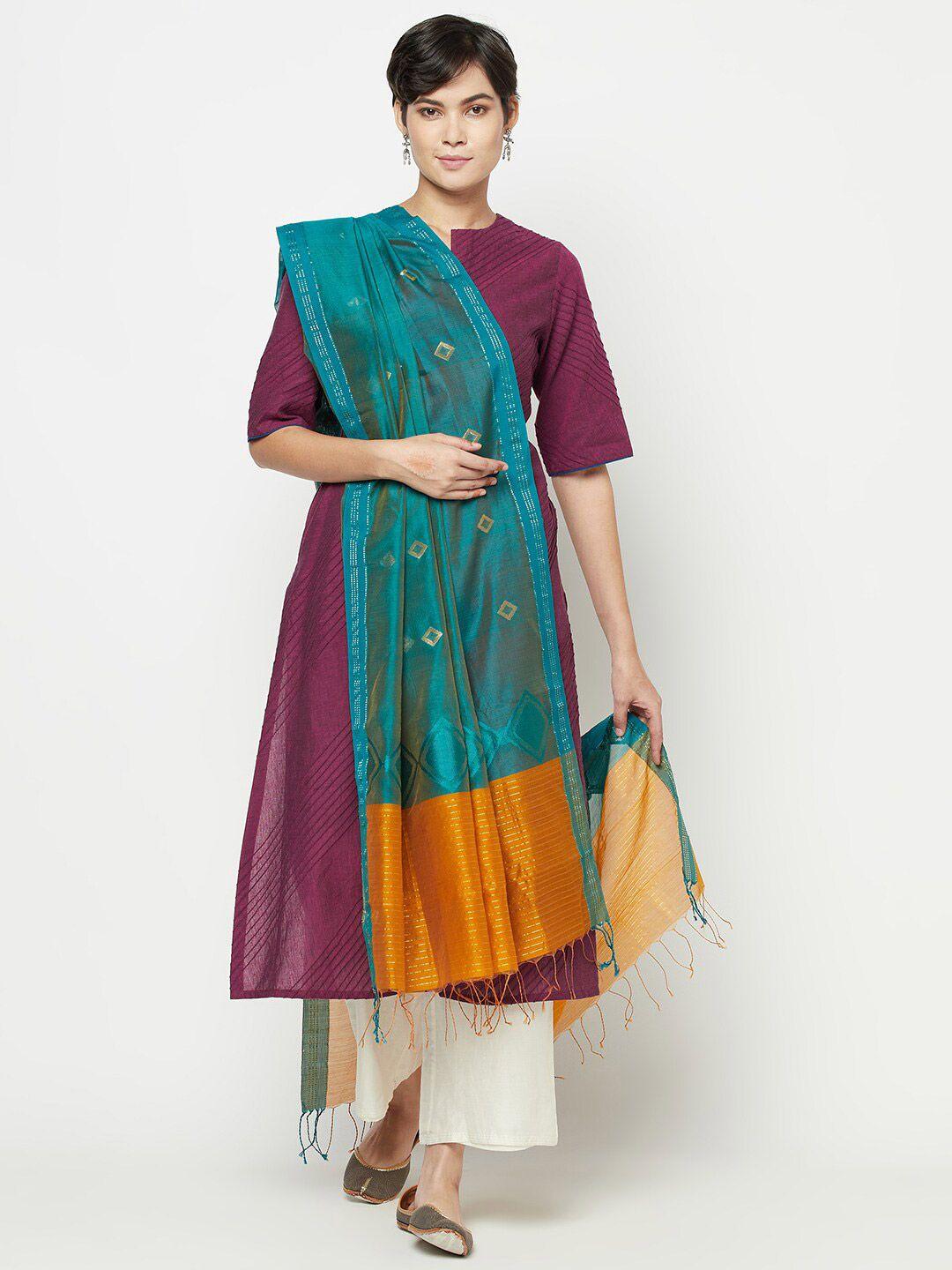 fabindia women teal & yellow woven design cotton silk dupatta