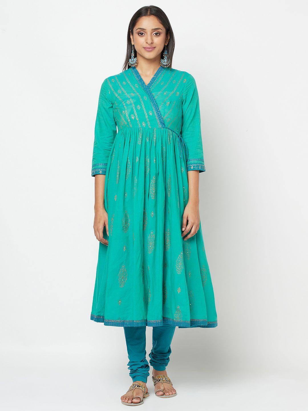 fabindia women teal green & blue ethnic motifs angrakha pure cotton kurta & churidar