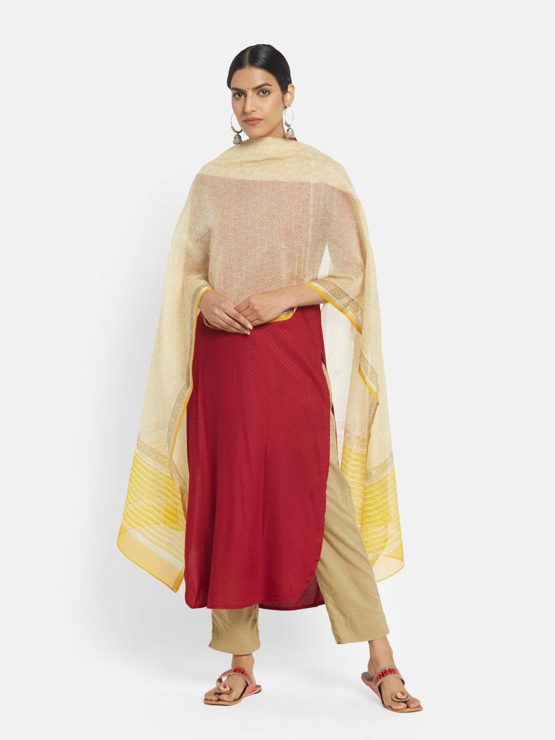 fabindia women yellow & cream printed cotton silk dupatta