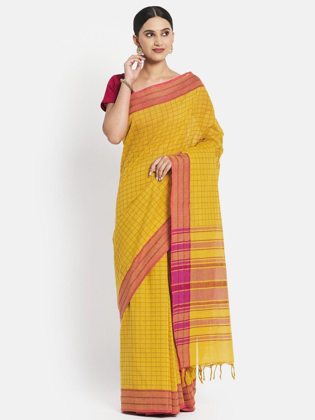 fabindia women yellow & pink checked pure cotton saree