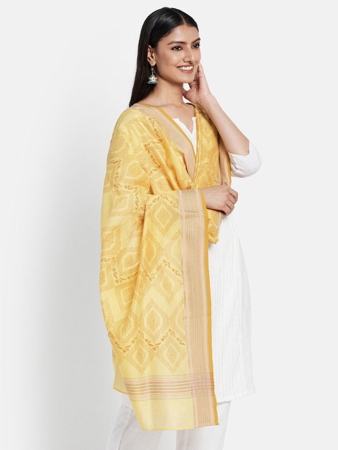 fabindia yellow & gold-toned embroidered cotton silk dupatta