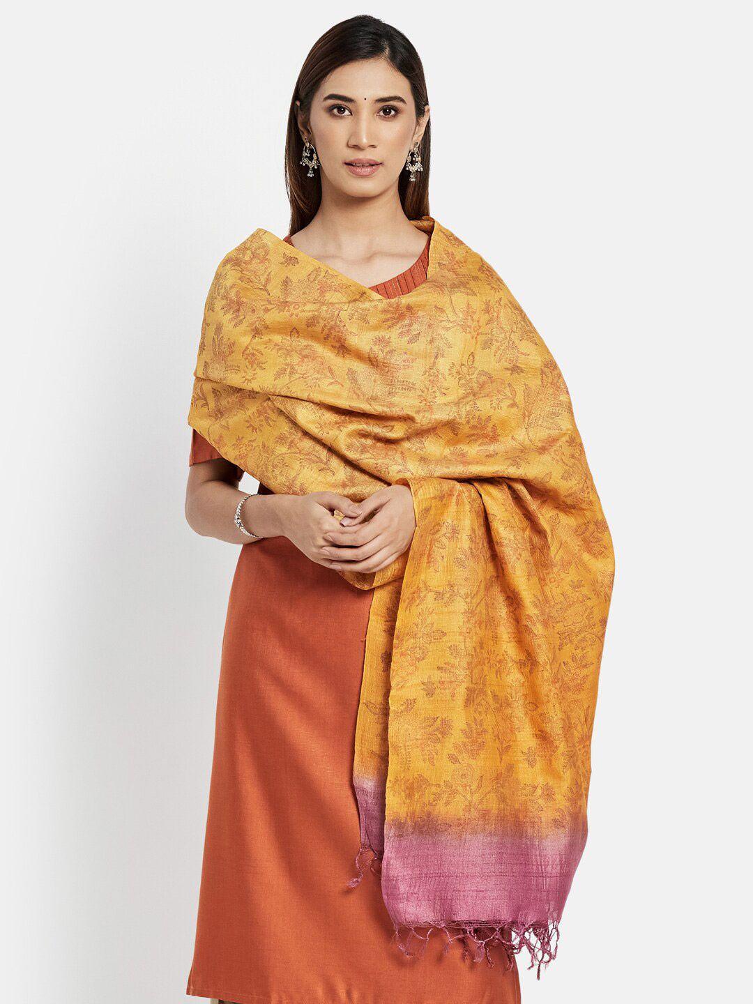 fabindia yellow & pink printed pure silk dupatta