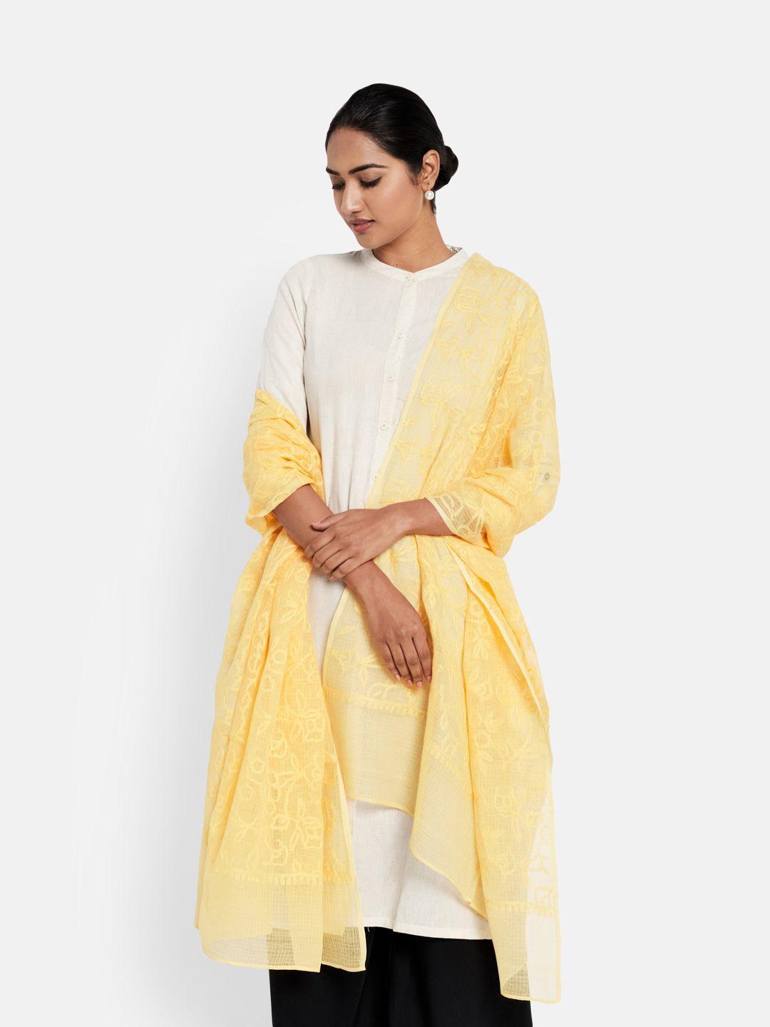 fabindia yellow embroidered cotton silk dupatta with chikankari