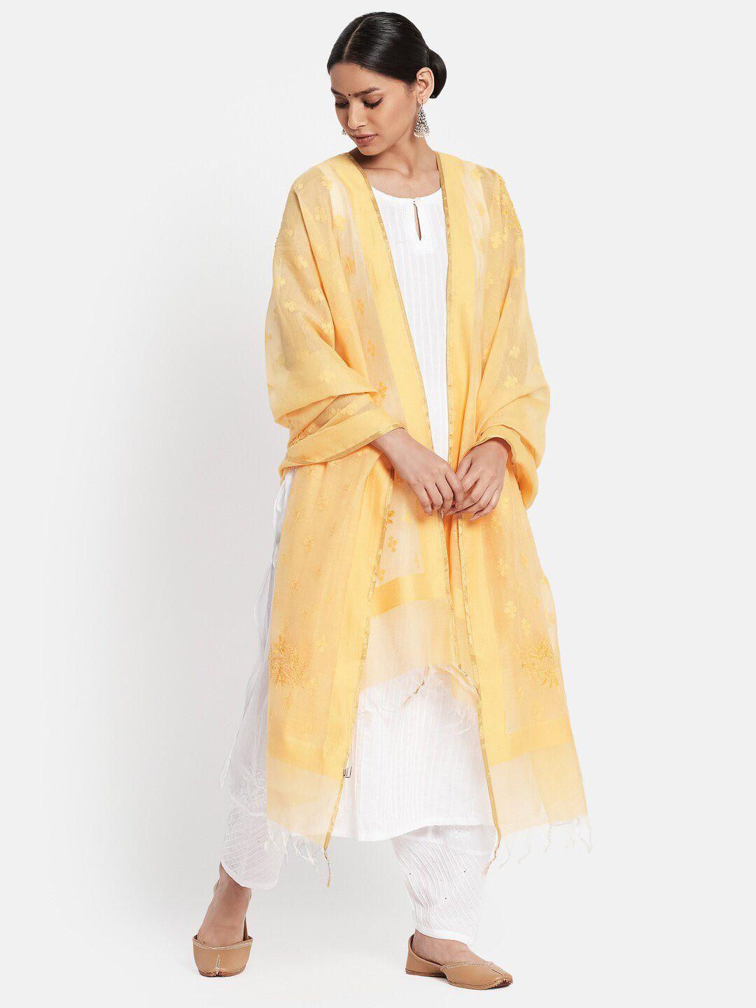 fabindia yellow embroidered cotton silk dupatta with thread work