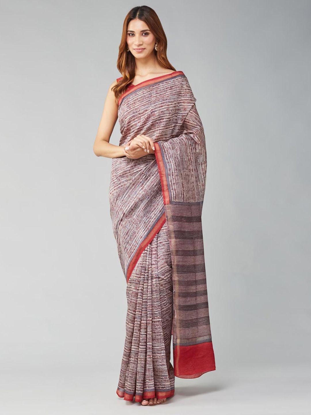 fabindia abstract block printed zari pure cotton saree