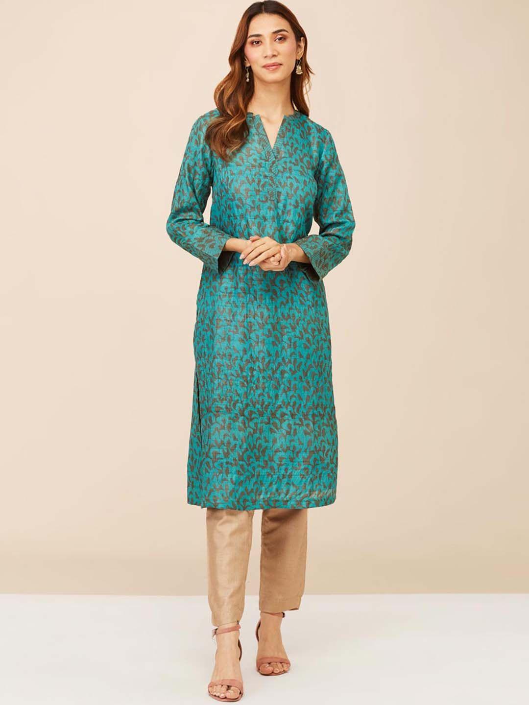 fabindia abstract printed mandarin collar straight silk kurta