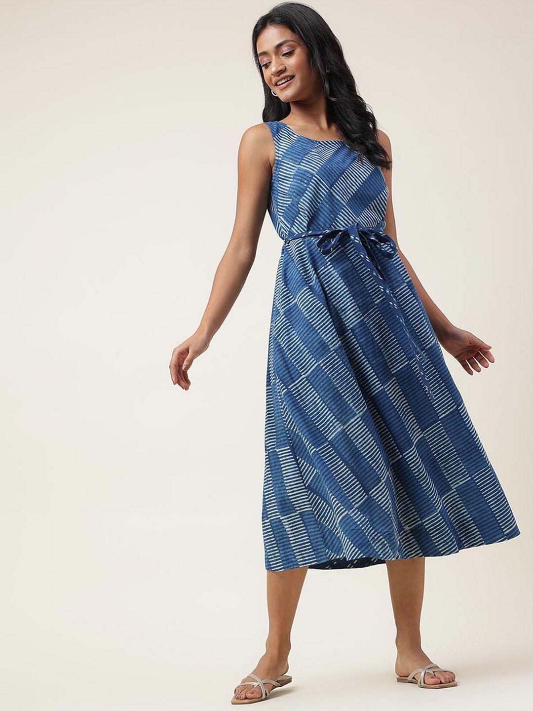 fabindia abstract printed tie-up detail cotton fit & flare midi dress