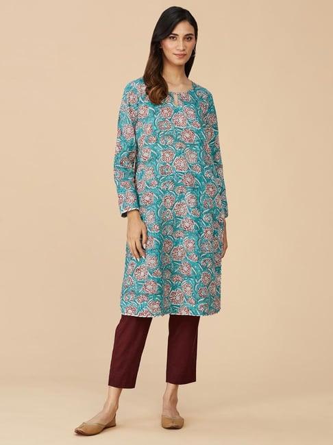 fabindia aqua blue cotton floral print straight kurta