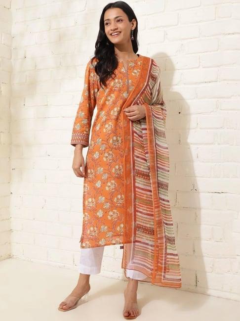 fabindia avni orange cotton printed kurta and dupatta set