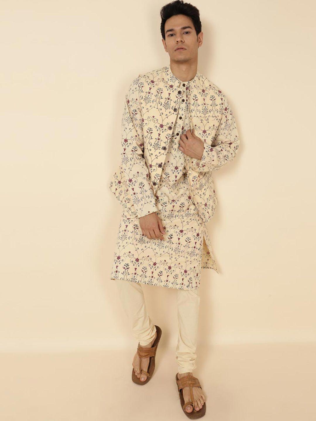 fabindia band collar floral printed pure cotton kurta with churidar & nehru jacket