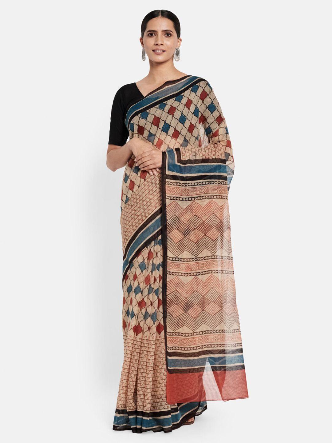 fabindia beige & black abstract printed silk cotton saree