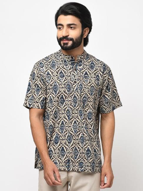 fabindia beige & blue cotton regular fit printed short kurta