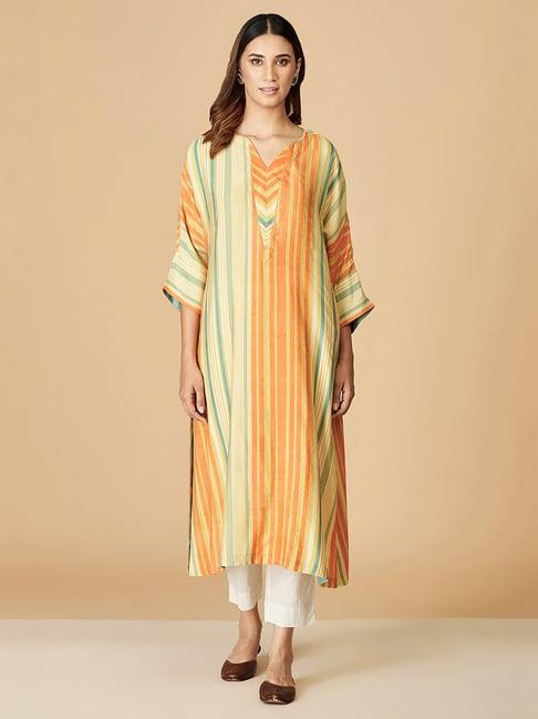 fabindia beige & orange printed straight kurta